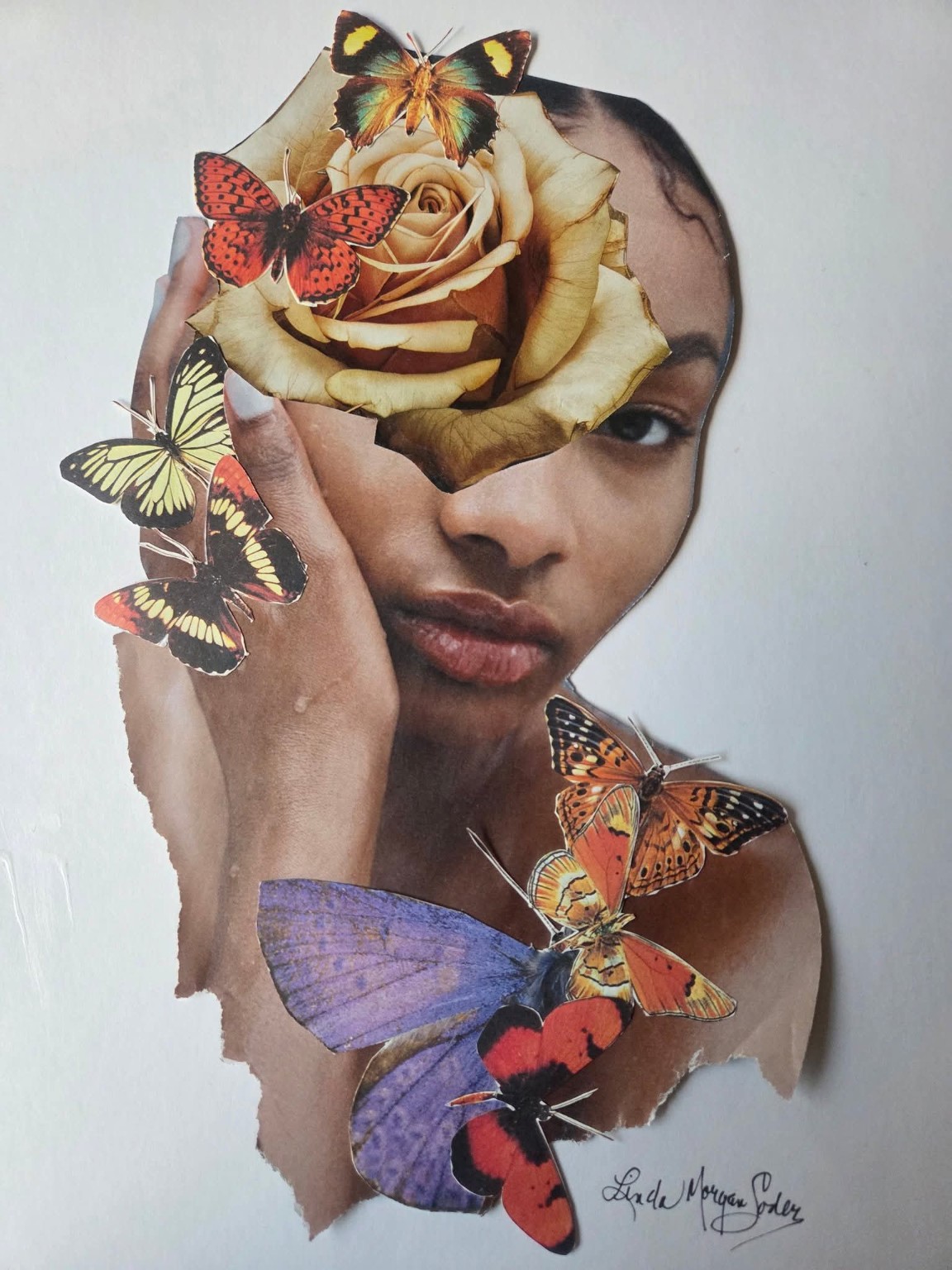 Collage portrait with golden rose and colorful butterflies by Linda Morgan Soders